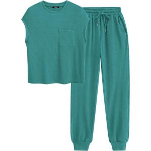 imageBTFBM Womens Two Piece Tracksuit Outfits Summer Short Sleeve Tops Long Pants Jogger Lounge Matching Sets SweatsuitBlue Green