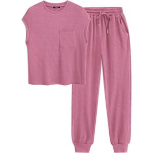 imageBTFBM Womens Two Piece Tracksuit Outfits Summer Short Sleeve Tops Long Pants Jogger Lounge Matching Sets SweatsuitDark Pink