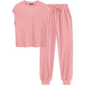 imageBTFBM Womens Two Piece Tracksuit Outfits Summer Short Sleeve Tops Long Pants Jogger Lounge Matching Sets SweatsuitPink