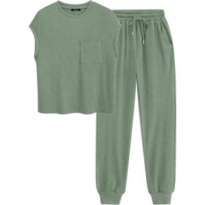 imageBTFBM Womens Two Piece Tracksuit Outfits Summer Short Sleeve Tops Long Pants Jogger Lounge Matching Sets SweatsuitSage Green