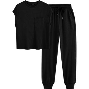 imageBTFBM Womens Two Piece Tracksuit Outfits Summer Short Sleeve Tops Long Pants Jogger Lounge Matching Sets SweatsuitSolid Black