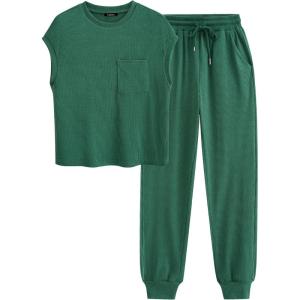 imageBTFBM Womens Two Piece Tracksuit Outfits Summer Short Sleeve Tops Long Pants Jogger Lounge Matching Sets SweatsuitSolid Dark Green