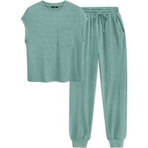 imageBTFBM Womens Two Piece Tracksuit Outfits Summer Short Sleeve Tops Long Pants Jogger Lounge Matching Sets SweatsuitSolid Fruit Green