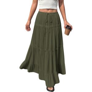 imageBTFBM Spring Skirts for Women 2026 Summer Boho Beach Vacation Clothes Casual Pleated High Waisted Flowy Maxi SkirtArmy Green