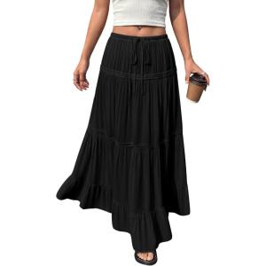 imageBTFBM Spring Skirts for Women 2026 Summer Boho Beach Vacation Clothes Casual Pleated High Waisted Flowy Maxi SkirtBlack