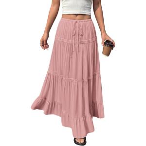 imageBTFBM Spring Skirts for Women 2026 Summer Boho Beach Vacation Clothes Casual Pleated High Waisted Flowy Maxi SkirtPink