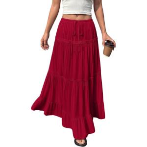 imageBTFBM Spring Skirts for Women 2026 Summer Boho Beach Vacation Clothes Casual Pleated High Waisted Flowy Maxi SkirtRed