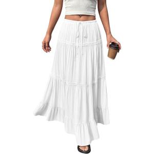 imageBTFBM Spring Skirts for Women 2026 Summer Boho Beach Vacation Clothes Casual Pleated High Waisted Flowy Maxi SkirtWhite