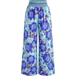 imageBTFBM Wide Leg Pants Woman 2026 Summer Smocked Waist Floral Pant Resort Wear Spring Beach Vacation Clothes for WomenBlue
