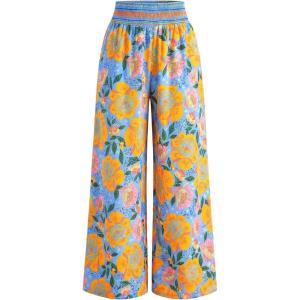 imageBTFBM Wide Leg Pants Woman 2026 Summer Smocked Waist Floral Pant Resort Wear Spring Beach Vacation Clothes for WomenLight Blue