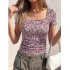 imageBTFBM Floral Square Neck Tops for Women 2026 Trendy Summer Outfits Short Sleeve Shirts Boho Top Beach Vacation ClothesBlack Purple Pink Flower