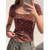 imageBTFBM Floral Square Neck Tops for Women 2026 Trendy Summer Outfits Short Sleeve Shirts Boho Top Beach Vacation ClothesBrown Beige Flower