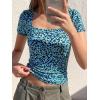 imageBTFBM Floral Square Neck Tops for Women 2026 Trendy Summer Outfits Short Sleeve Shirts Boho Top Beach Vacation ClothesDark Blue Blue Flower