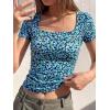 imageBTFBM Floral Square Neck Tops for Women 2026 Trendy Summer Outfits Short Sleeve Shirts Boho Top Beach Vacation ClothesDark Blue Blue Flower