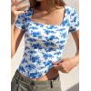 imageBTFBM Floral Square Neck Tops for Women 2026 Trendy Summer Outfits Short Sleeve Shirts Boho Top Beach Vacation ClothesWhite Blue Flower
