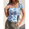 imageBTFBM Floral Square Neck Tops for Women 2026 Trendy Summer Outfits Short Sleeve Shirts Boho Top Beach Vacation ClothesWhite Blue Flower