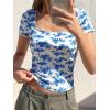 imageBTFBM Floral Square Neck Tops for Women 2026 Trendy Summer Outfits Short Sleeve Shirts Boho Top Beach Vacation ClothesWhite Blue Flower
