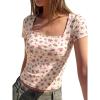 imageBTFBM Floral Square Neck Tops for Women 2026 Trendy Summer Outfits Short Sleeve Shirts Boho Top Beach Vacation ClothesBeige Pink Flower