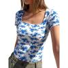 imageBTFBM Floral Square Neck Tops for Women 2026 Trendy Summer Outfits Short Sleeve Shirts Boho Top Beach Vacation ClothesWhite Blue Flower