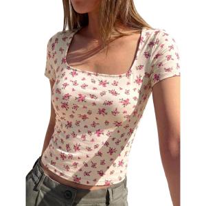imageBTFBM Floral Square Neck Tops for Women 2026 Trendy Summer Outfits Short Sleeve Shirts Boho Top Beach Vacation ClothesBeige Pink Flower