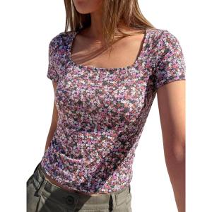 imageBTFBM Floral Square Neck Tops for Women 2026 Trendy Summer Outfits Short Sleeve Shirts Boho Top Beach Vacation ClothesBlack Purple Pink Flower