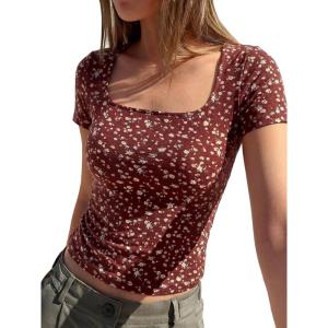 imageBTFBM Floral Square Neck Tops for Women 2026 Trendy Summer Outfits Short Sleeve Shirts Boho Top Beach Vacation ClothesBrown Beige Flower