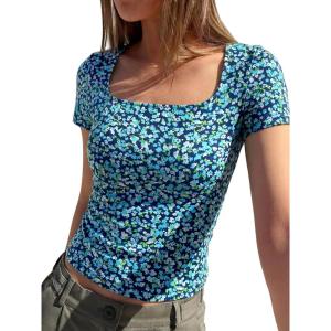 imageBTFBM Floral Square Neck Tops for Women 2026 Trendy Summer Outfits Short Sleeve Shirts Boho Top Beach Vacation ClothesDark Blue Blue Flower