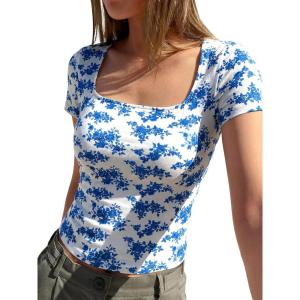 imageBTFBM Floral Square Neck Tops for Women 2026 Trendy Summer Outfits Short Sleeve Shirts Boho Top Beach Vacation ClothesWhite Blue Flower