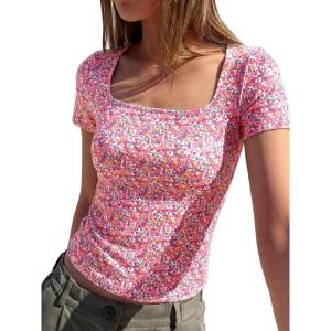 imageBTFBM Floral Square Neck Tops for Women 2026 Trendy Summer Outfits Short Sleeve Shirts Boho Top Beach Vacation ClothesWhite Pink Flower