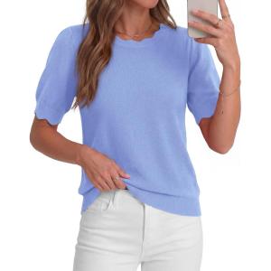 imageBTFBM Short Sleeve Sweater for Women 2026 Spring Summer Knit Basic Tops Lightweight Business Casual Vacation OutfitsLight Blue