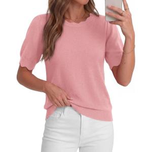 imageBTFBM Short Sleeve Sweater for Women 2026 Spring Summer Knit Basic Tops Lightweight Business Casual Vacation OutfitsPink