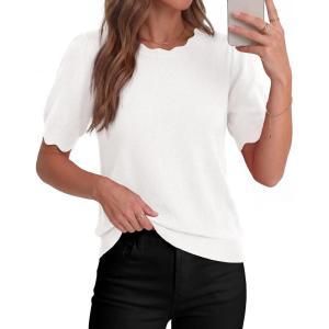 imageBTFBM Short Sleeve Sweater for Women 2026 Spring Summer Knit Basic Tops Lightweight Business Casual Vacation OutfitsWhite