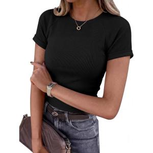 imageBTFBM Summer Tops for Women 2026 Crew Neck Rolled Sleeve T Shirts Knit Slim Basic Casual Spring Top Workout Y2k ClothesBlack