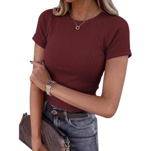 imageBTFBM Summer Tops for Women 2026 Crew Neck Rolled Sleeve T Shirts Knit Slim Basic Casual Spring Top Workout Y2k ClothesBurgundy