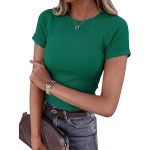 imageBTFBM Summer Tops for Women 2026 Crew Neck Rolled Sleeve T Shirts Knit Slim Basic Casual Spring Top Workout Y2k ClothesDark Green