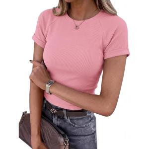 imageBTFBM Summer Tops for Women 2026 Crew Neck Rolled Sleeve T Shirts Knit Slim Basic Casual Spring Top Workout Y2k ClothesDusty Pink