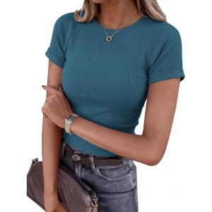 imageBTFBM Summer Tops for Women 2026 Crew Neck Rolled Sleeve T Shirts Knit Slim Basic Casual Spring Top Workout Y2k ClothesLake Blue