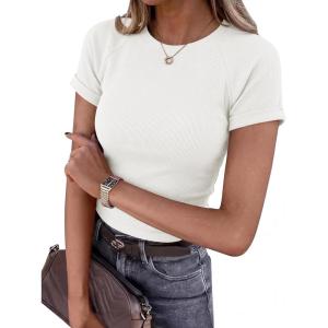 imageBTFBM Summer Tops for Women 2026 Crew Neck Rolled Sleeve T Shirts Knit Slim Basic Casual Spring Top Workout Y2k ClothesWhite