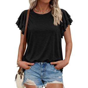 imageBTFBM Summer Tops for Women 2026 Crew Neck Ruffle Short Sleeve Shirts Loose Tunic Casual Spring BlousesBlack
