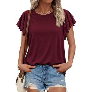 imageBTFBM Summer Tops for Women 2026 Crew Neck Ruffle Short Sleeve Shirts Loose Tunic Casual Spring BlousesBurgundy