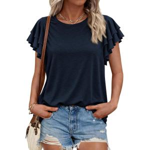 imageBTFBM Summer Tops for Women 2026 Crew Neck Ruffle Short Sleeve Shirts Loose Tunic Casual Spring BlousesNavy Blue