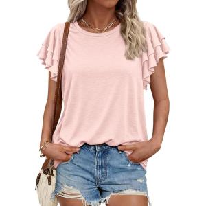 imageBTFBM Summer Tops for Women 2026 Crew Neck Ruffle Short Sleeve Shirts Loose Tunic Casual Spring BlousesPink