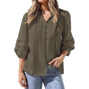 imageBTFBM Summer Tops for Women 2026 Eyelet Top 34 Length Sleeve Dressy Casual Blouses Spring Boho Button Down ShirtsArmy Green
