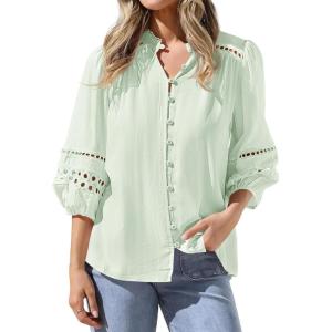 imageBTFBM Summer Tops for Women 2026 Eyelet Top 34 Length Sleeve Dressy Casual Blouses Spring Boho Button Down ShirtsBean Green