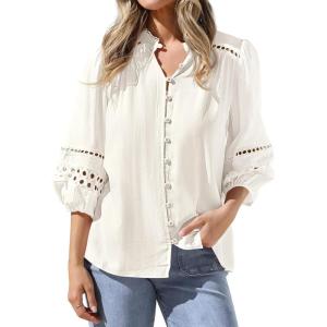 imageBTFBM Summer Tops for Women 2026 Eyelet Top 34 Length Sleeve Dressy Casual Blouses Spring Boho Button Down ShirtsBeige