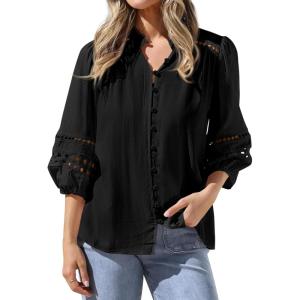 imageBTFBM Summer Tops for Women 2026 Eyelet Top 34 Length Sleeve Dressy Casual Blouses Spring Boho Button Down ShirtsBlack