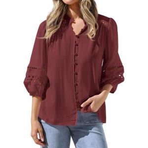 imageBTFBM Summer Tops for Women 2026 Eyelet Top 34 Length Sleeve Dressy Casual Blouses Spring Boho Button Down ShirtsJujube Red