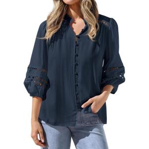 imageBTFBM Summer Tops for Women 2026 Eyelet Top 34 Length Sleeve Dressy Casual Blouses Spring Boho Button Down ShirtsNavy