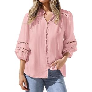 imageBTFBM Summer Tops for Women 2026 Eyelet Top 34 Length Sleeve Dressy Casual Blouses Spring Boho Button Down ShirtsPink