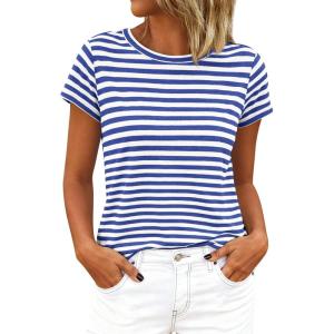 imageBTFBM Tops for Women Trendy Summer 2026 Crew Neck Short Sleeve T Shirts Striped Casual Vacation Blouse Loose Basic TeeBlue White
